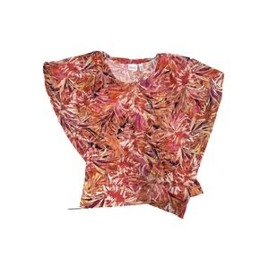 Kim Rogers Blouse Flowy Artsy Pink Orange Leaves Top M